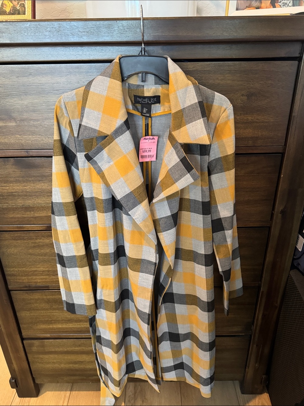 Rachel Zoe Yellow, Gray & Black Plaid Trench Coat